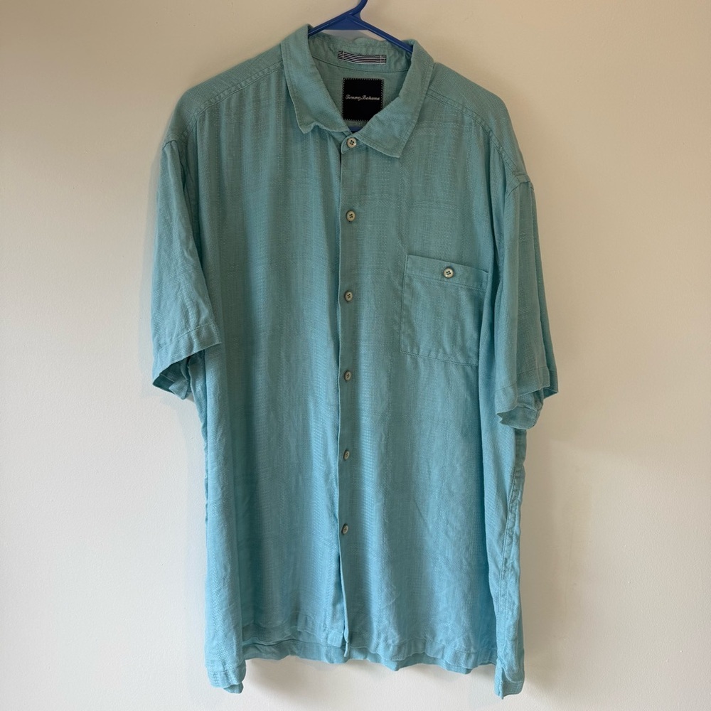Tommy Bahama 100% Linen Button Shirt Teal Blue Short Sleeve XXL Relaxed Fit